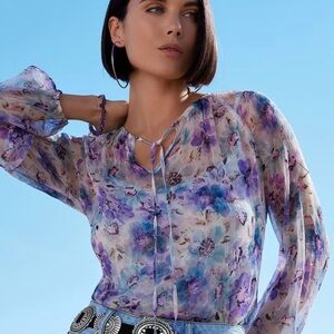 Johnny Was‎ Glinda silk peasant blouse XL floral white purple light sheer NWT